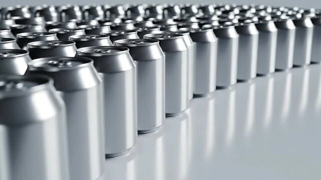 Rows of Silver Aluminum Cans in an Abstract Arrangement Seamless Pattern Under Soft Lighting on a Grey Background Ideal for Beverage Industry Advertising and Background Graphics