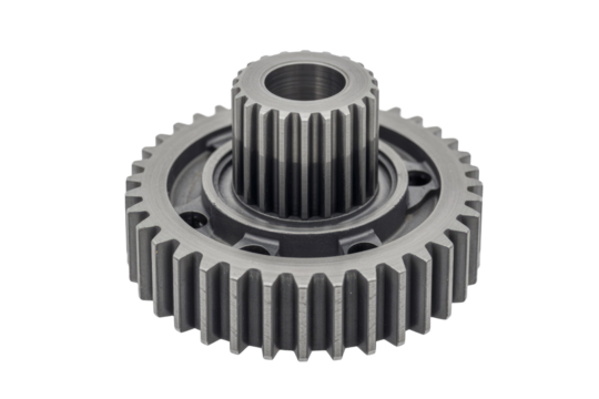 A detailed close-up of a metallic gear with intricate teeth and a central shaft. background removed - Powered by Adobe