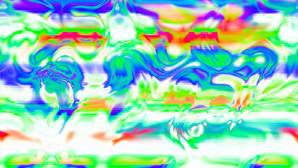 Abstract psychedelic glitch waves with neon colors, distorted digital fluid texture and VHS scanline effect