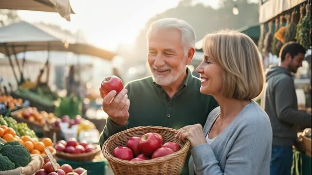 happy senior couple with wicker basket choosing fresh red apples at local farmers market. healthy lifestyle, organic food and active retirement.