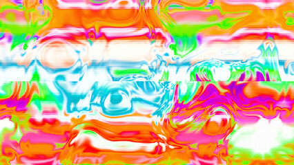 Abstract psychedelic glitch waves with neon colors, distorted digital fluid texture and VHS scanline effect