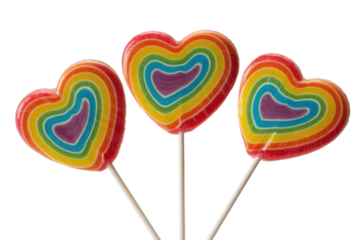 Three rainbow-colored heart-shaped lollipops on sticks against a transparent background. background removed