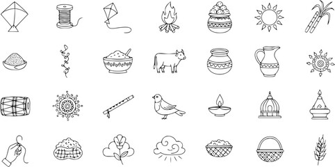 Indian Harvest Festival Icons Set. Doodle Line Art Symbols for Makar Sankranti, Pongal, Lohri, and Cultural Celebrations: Kites, Bonfire, Food, Sun, Cow, Diyas, Temple, Music.