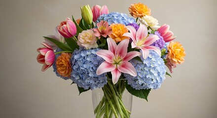Obraz premium Vibrant floral bouquet arrangement with lilies tulips and hydrangea flowers
