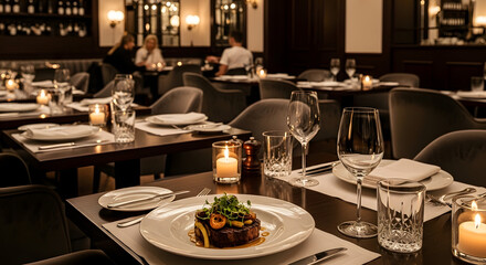Fototapeta premium An exquisite gourmet steak dinner served at a candlelit table in a luxurious fine dining restaurant
