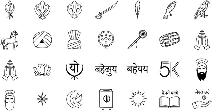 Sikhism  Indian Culture Outline Icons: Khanda, Kirpan, Turban, Guru Granth Sahib, 5 Ks, Lotus, Dhol, Namaste, Simran Paath, Seva Kare. Spiritual Symbols Vector Set.