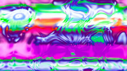 Abstract psychedelic glitch waves with neon colors, distorted digital fluid texture and VHS scanline effect