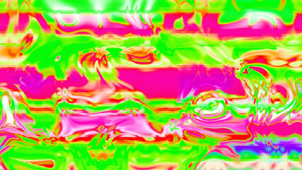 Abstract psychedelic glitch waves with neon colors, distorted digital fluid texture and VHS scanline effect