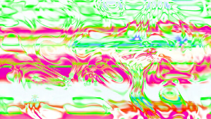 Abstract psychedelic glitch waves with neon colors, distorted digital fluid texture and VHS scanline effect