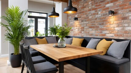 Fototapeta premium Dining room interior with industrial brick wall and banquette seating