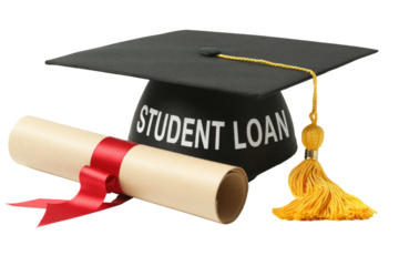 Graduation cap with 'Student Loan' inscription, alongside a diploma, signifying the financial burden of higher education. background removed