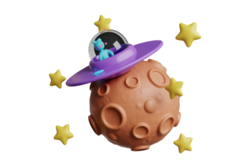 A cute alien in a purple spaceship lands on a cratered planet, surrounded by stars. background removed