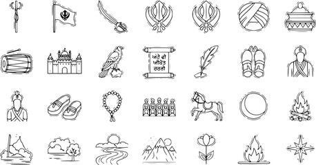 Sikhism Hand Drawn Icons Set. Religious, Cultural  Nature Symbols. Khanda, Nishan Sahib, Gurudwara, Turban, Punjabi Heritage Doodle Vector Collection.