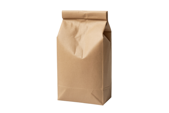 A brown paper bag, sealed at the top, isolated on a transparent background. background removed