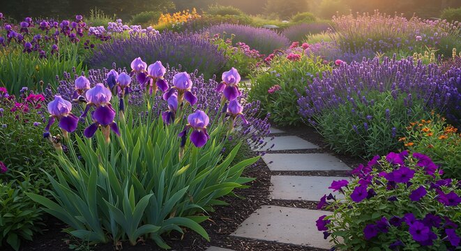 Vibrant garden path framed by blooming purple irises and lavender at sunset
