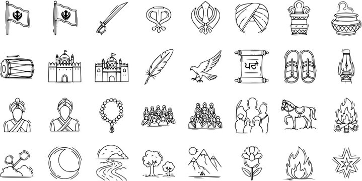 Sikhism Doodles: Icons of Sikh Culture  Religion - Flag, Khanda, Turban, Gurdwara, Holy Scripture, Eagle, Drum  More Traditional Symbols