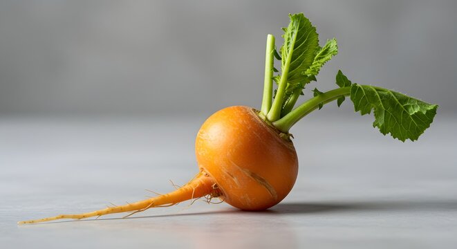 Vibrant golden turnip with fresh green leaves isolated on a neutral background