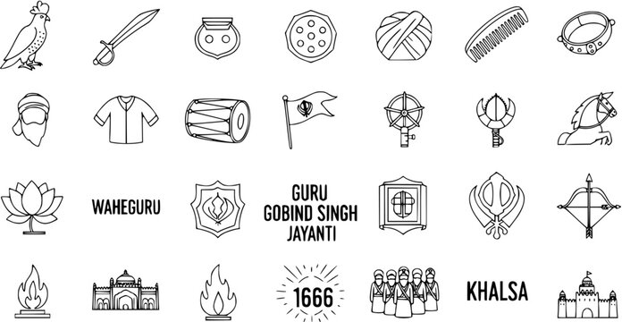 Collection of Sikhism Line Art Icons. Featuring Key Religious Symbols, Cultural Items, Historical Figures, and Festival Elements like Khalsa, Khanda, and Golden Temple.