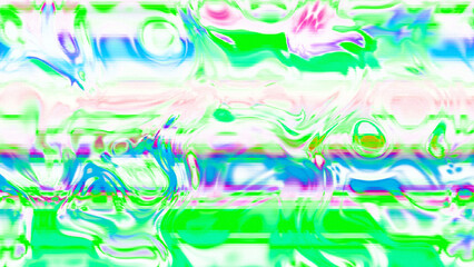 Abstract psychedelic glitch waves with neon colors, distorted digital fluid texture and VHS scanline effect