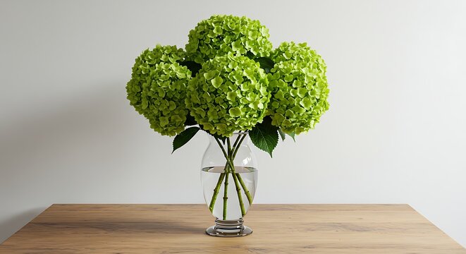 Vibrant green hydrangea blooms in glass vase on wooden surface against white