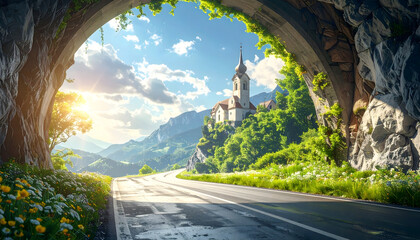 Fototapeta premium Scenic Mountain Road with Historic Church