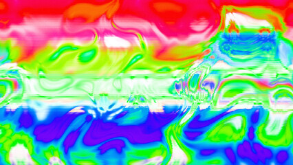 Abstract psychedelic glitch waves with neon colors, distorted digital fluid texture and VHS scanline effect