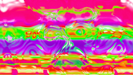 Abstract psychedelic glitch waves with neon colors, distorted digital fluid texture and VHS scanline effect