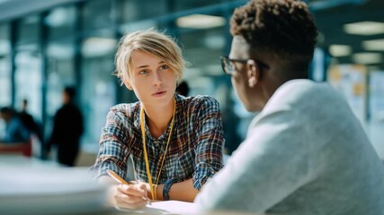 Two diverse young professionals engaged in a serious conversation at a modern office table, focusing on collaboration and teamwork. Natural light fills the contemporary workspace