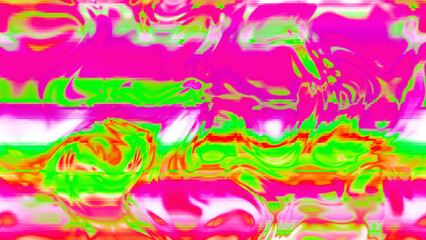 Abstract psychedelic glitch waves with neon colors, distorted digital fluid texture and VHS scanline effect