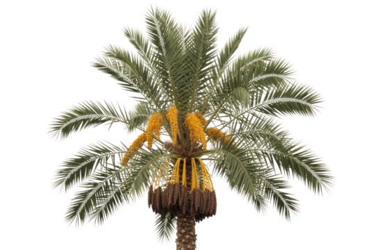 A date palm tree with yellow male flowers and brown maturing fruit, isolated on a transparent background. background removed
