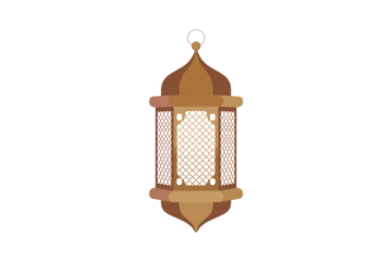 Ornate golden Ramadan lantern with intricate lattice design, hanging against a transparent background. background removed