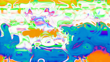Abstract psychedelic glitch waves with neon colors, distorted digital fluid texture and VHS scanline effect