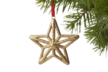 Gold glitter star Christmas ornament hanging on a green fir tree branch. background removed