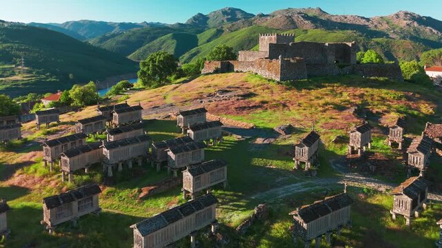 Aerial View of Lindoso Castle and Traditional Granaries in Portugal