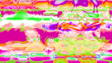 Abstract psychedelic glitch waves with neon colors, distorted digital fluid texture and VHS scanline effect