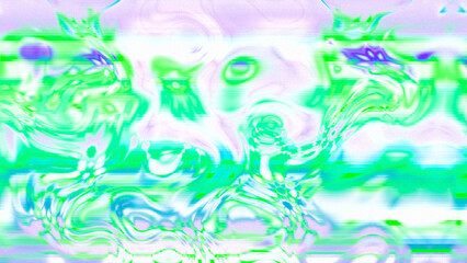 Abstract psychedelic glitch waves with neon colors, distorted digital fluid texture and VHS scanline effect