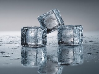 Three clear ice cubes stacked on reflective surface, with condensation and subtle highlights