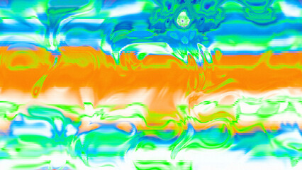 Abstract psychedelic glitch waves with neon colors, distorted digital fluid texture and VHS scanline effect