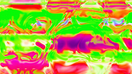Abstract psychedelic glitch waves with neon colors, distorted digital fluid texture and VHS scanline effect