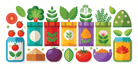 Vector art of collection of colorful seed packets with plants, perfect for sticker and any design needs
