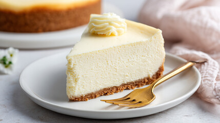 ヨーグルトチーズケーキのスライス、滑らかな食感、白いプレートとフォーク添え / Slice of Yogurt-Based Cheesecake with Smooth Texture on White Plate with Fork