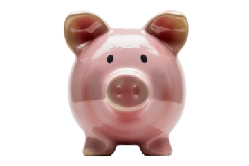 Pink piggy bank, front view, isolated on transparent background. Savings, finance, money. background removed