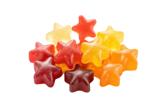 A pile of colorful star-shaped gummy candies in red, orange, and yellow. background removed
