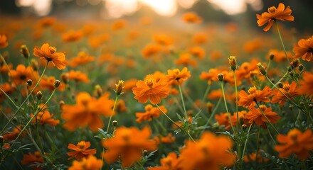 Vibrant orange flowers bloom in a sunlit field evoking feelings of beauty