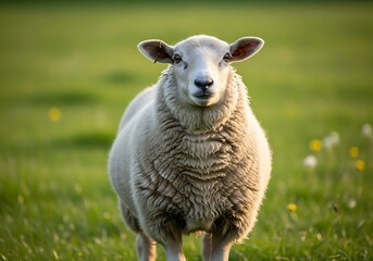 Naklejka premium A fluffy white sheep stands in a vibrant green pasture, looking directly at the camera with soft, warm light.