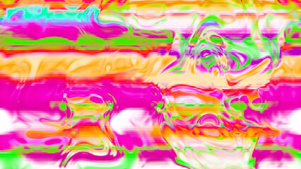 Abstract psychedelic glitch waves with neon colors, distorted digital fluid texture and VHS scanline effect