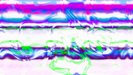 Abstract psychedelic glitch waves with neon colors, distorted digital fluid texture and VHS scanline effect