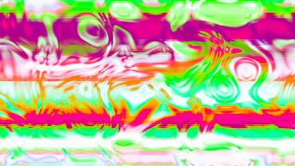 Abstract psychedelic glitch waves with neon colors, distorted digital fluid texture and VHS scanline effect