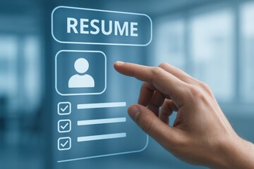 Hand Interacting with Digital Resume Interface on Blue Background in Modern Office Environment