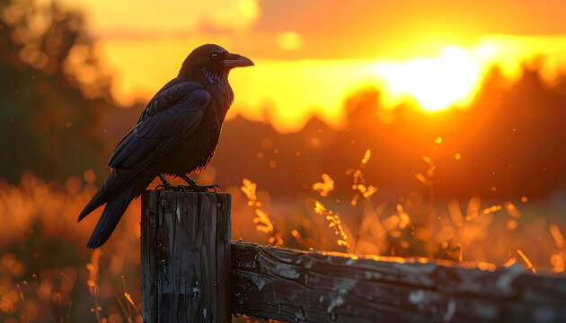 Mysterious Raven at Sunset: A solitary raven perches on a weathered fence post, silhouetted against a fiery sunset, creating a captivating scene that evokes a sense of both mystery and natural beauty.